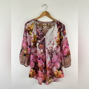 Anthropologie Fig & Flower Beautiful Floral Semi Sheer High Low Buttoned Blouse